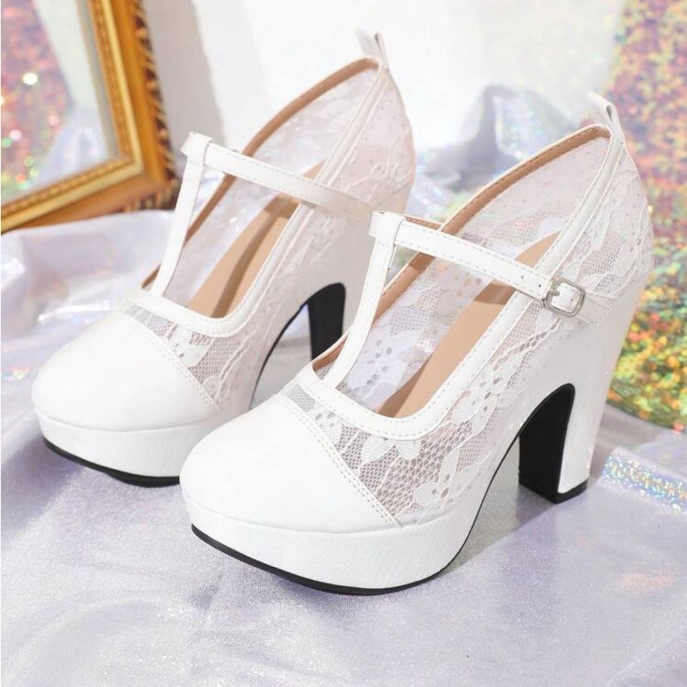 Elegant White Lace Platform Heels